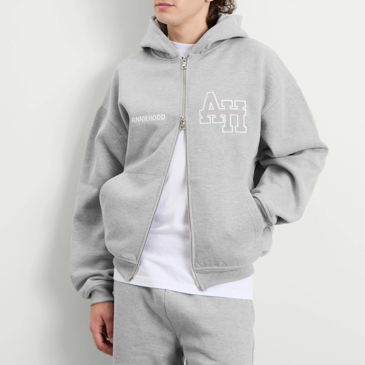 ANNIE HOOD Men's College Zip Hoodie in Grey/Grey