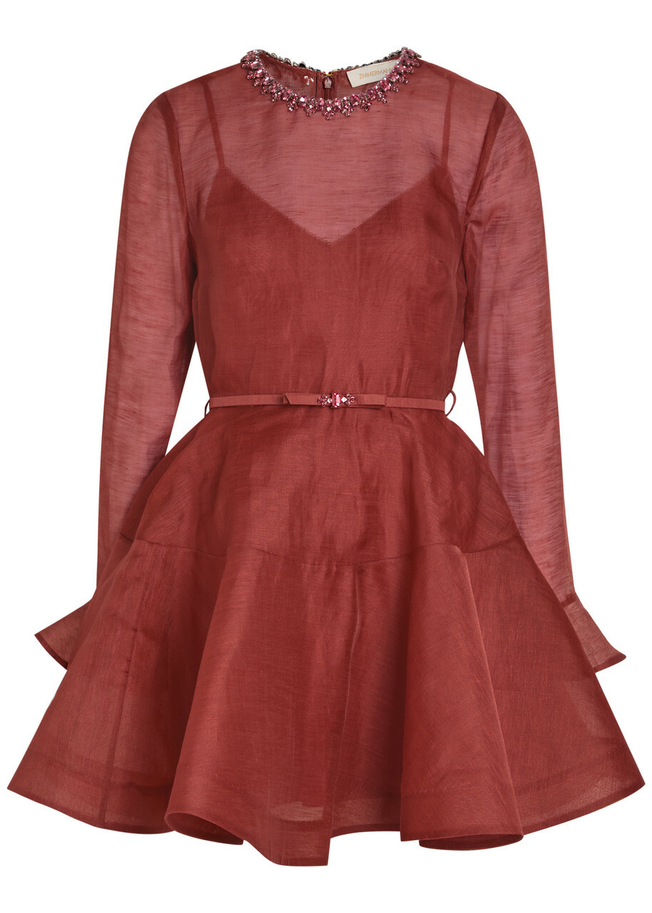 Zimmermann Alchemy Belted Linen-blend Mini Dress Dark Red