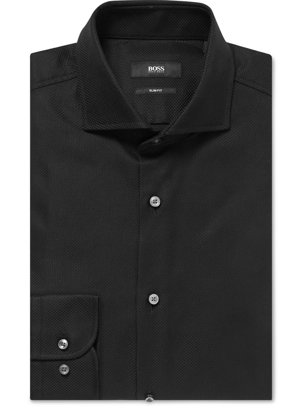 Photo: Hugo Boss - H-Hank Slim-Fit Cutaway-Collar Cotton-Dobby Shirt - Black