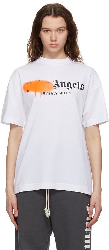 Photo: Palm Angels White & Orange Sprayed Logo 'Beverly Hills' T-Shirt