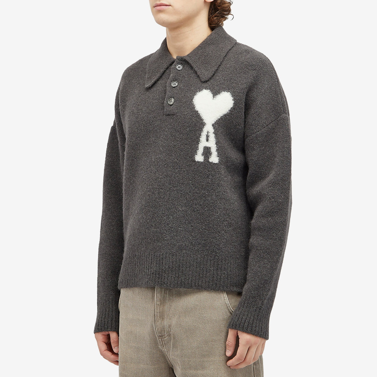AMI Paris Men's A Heart Knitted Polo in Dark Grey