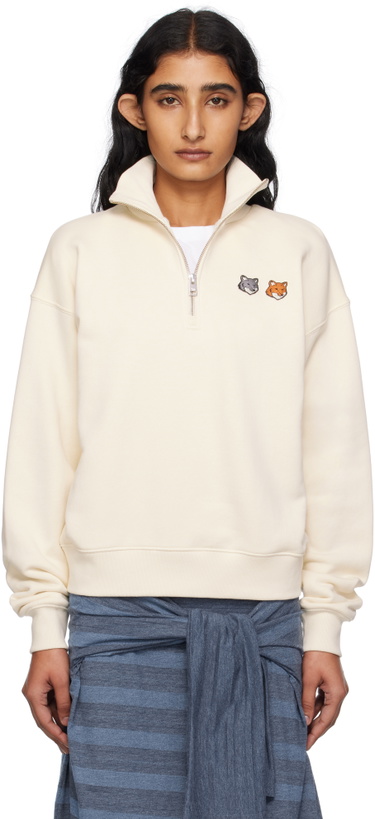 Photo: Maison Kitsuné Beige Double Bold Fox Head Half Zip Comfort Sweatshirt