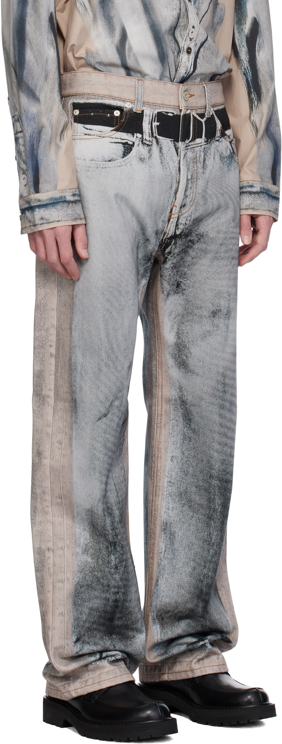 Y/Project Beige & Gray 'YP' Trompe L'oeil Jeans
