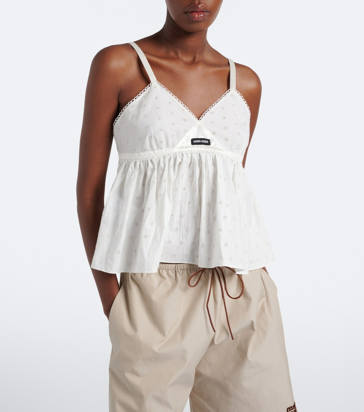 Miu Miu Embroidered cotton and linen-blend top