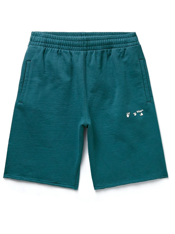 Photo: Off-White - Straight-Leg Logo-Appliquéd Cotton-Jersey Shorts - Blue