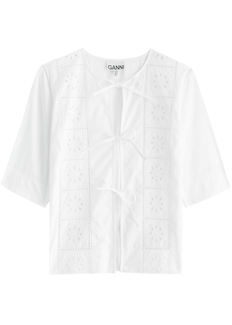 Ganni Broderie Anglaise Tie-front Cotton top White GANNI