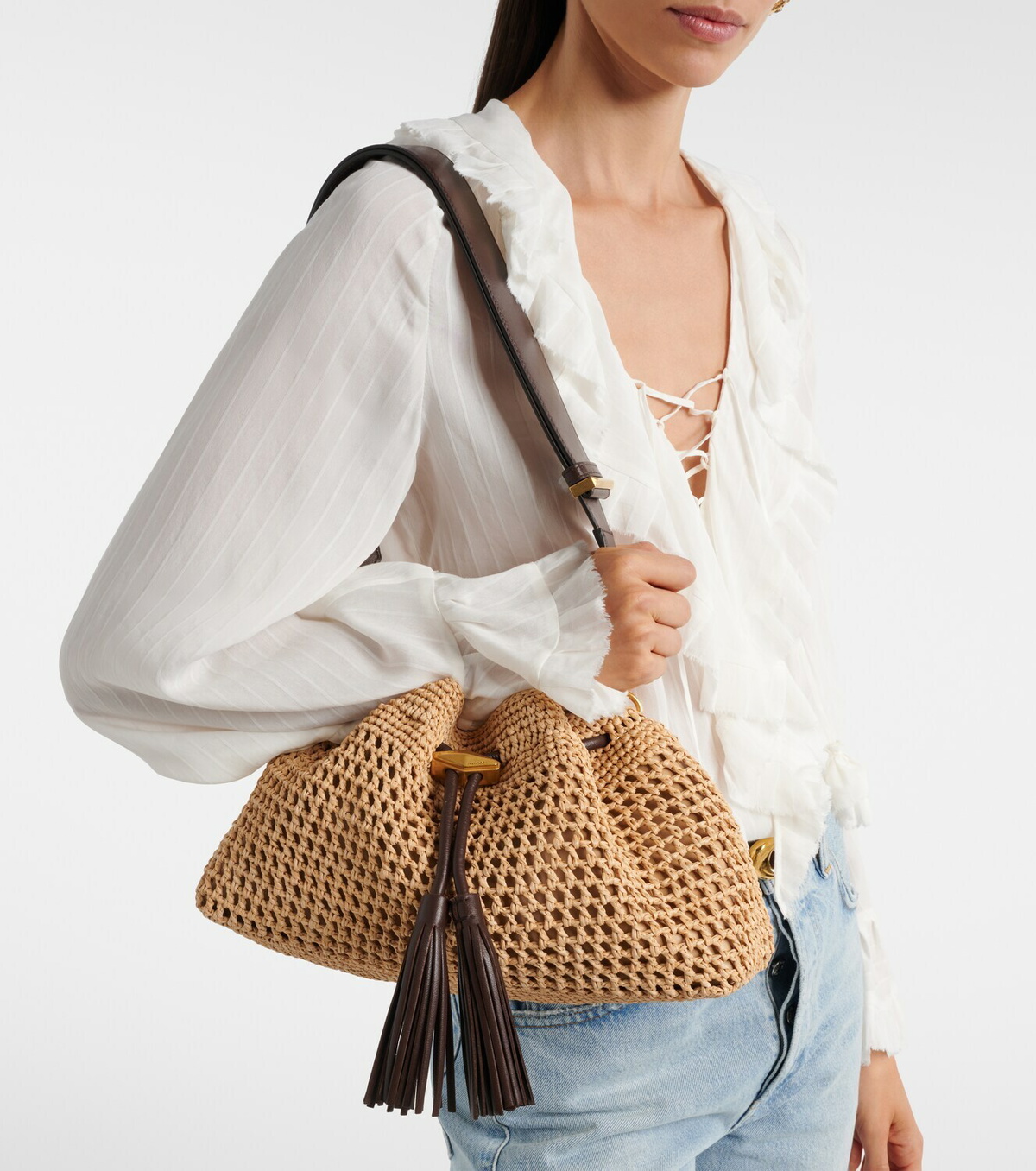 Jimmy Choo Bon Bon Medium beaded raffia bucket bag