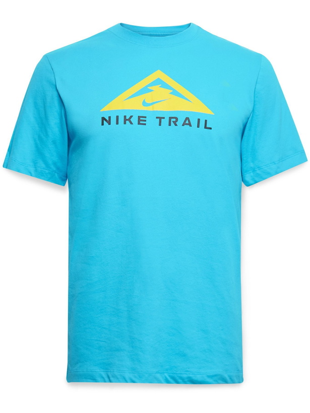 Photo: NIKE RUNNING - Trail Logo-Print Dri-FIT Cotton-Blend Jersey T-Shirt - Blue - M