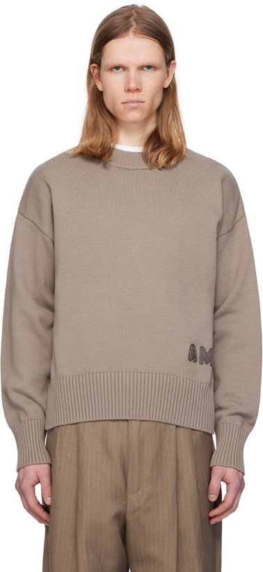 Photo: AMI Paris Taupe Cotton 'Ami' Embroidered Crewneck Sweater