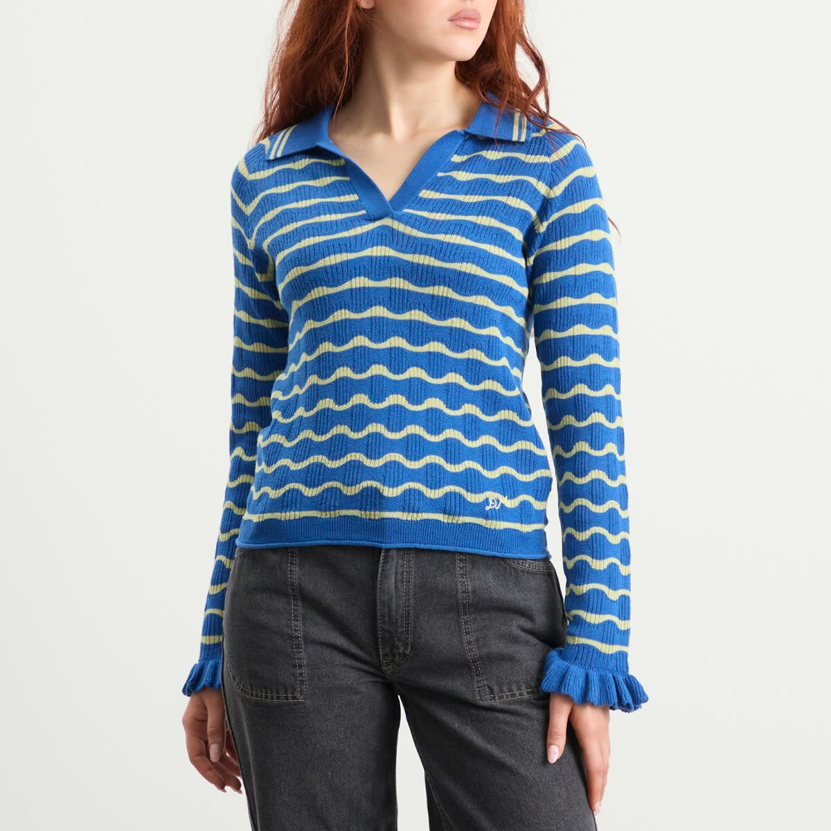 Damson Madder Women's Silvia Cotton Merino Blend Polo Jumper in Blue