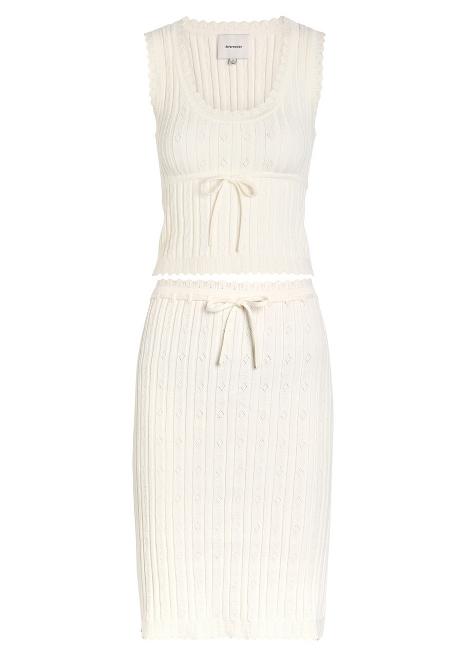 Reformation Erin Pointelle Stretch-cotton top and Skirt set Cream