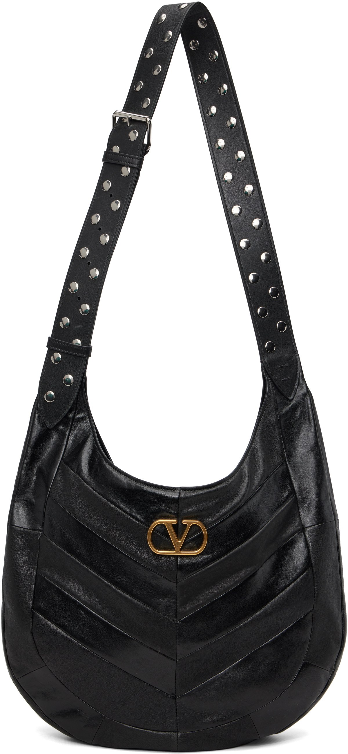 Valentino Garavani Black Boho Nappa Leather Chevron Pattern Bag