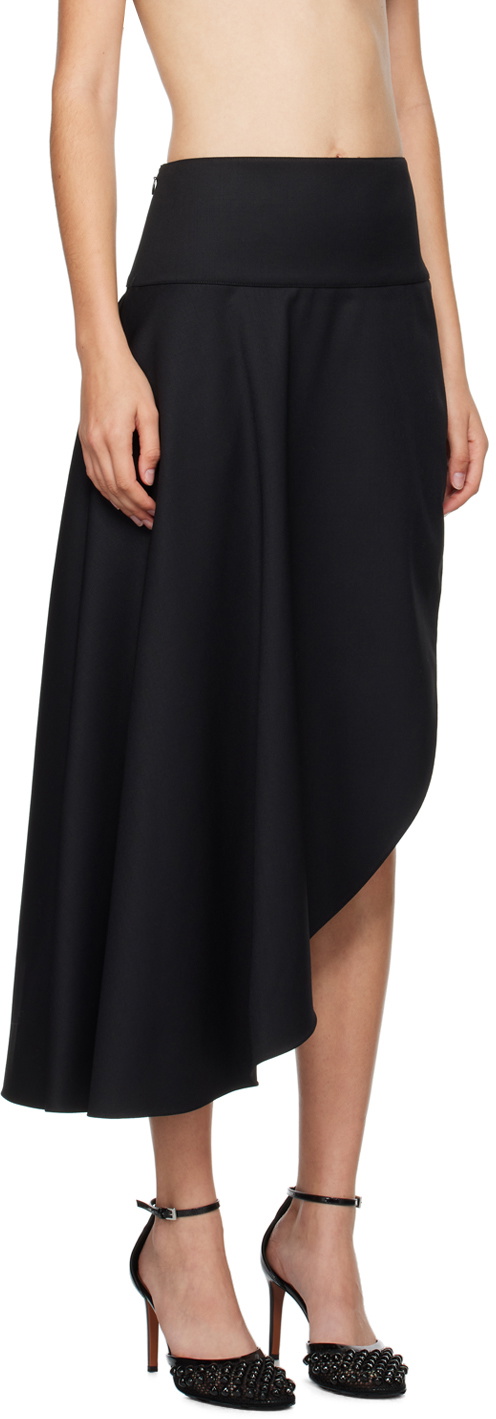 Black Open-Knit Asymmetric Midi Skirt