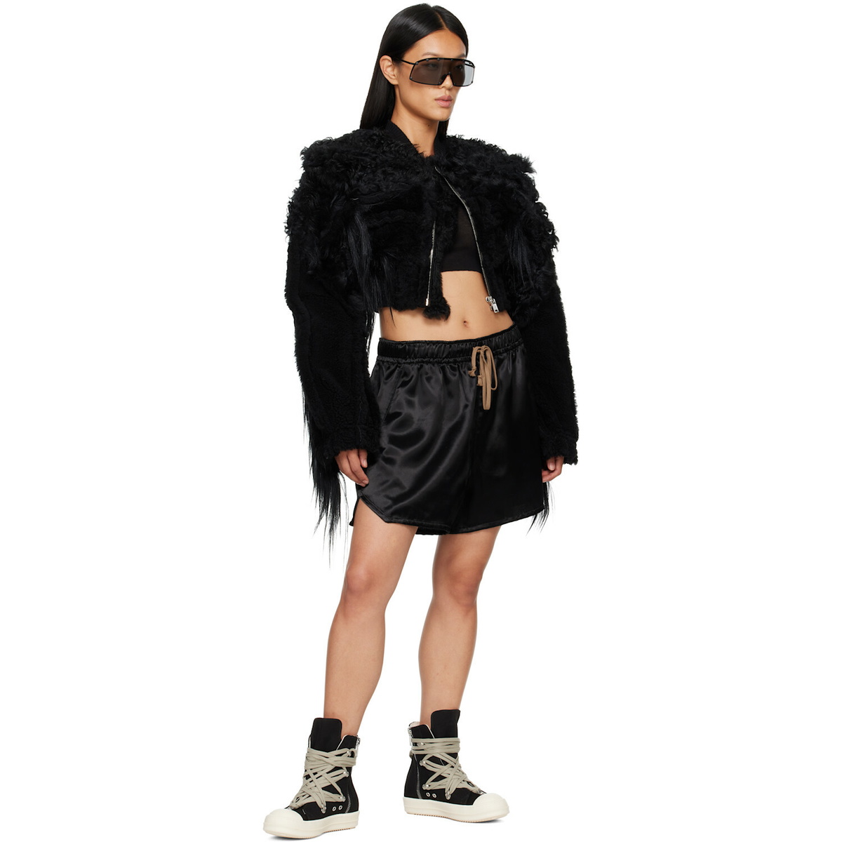 Rick Owens Black Tower Collage Cropped Shearling Bomber Jacket