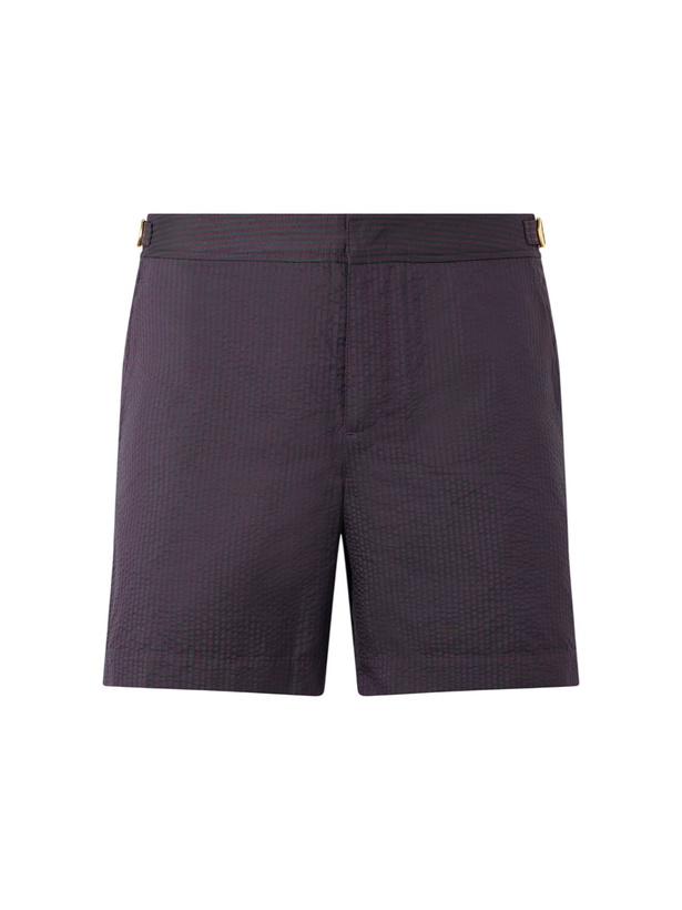 Photo: Orlebar Brown - Bulldog Straight-Leg Mid-Length Striped Seersucker Swim Shorts - Brown