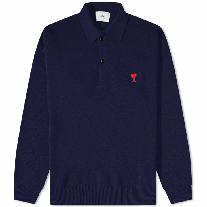 Photo: AMI Men's Heart Long Sleeve Knitted Polo Shirt in Nautic Blue
