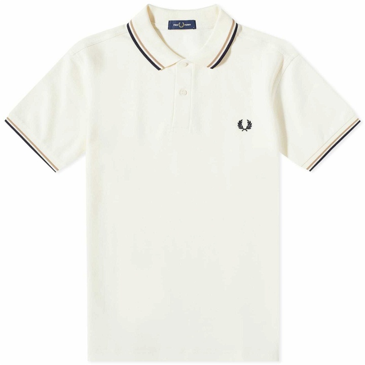 Photo: Fred Perry Men's Slim Fit Twin Tipped Polo Shirt in Ecru/Warm Stonee/Navy