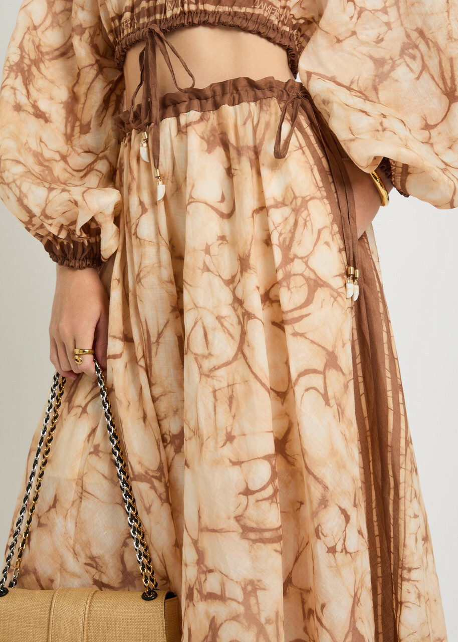 Zimmermann Indra Printed Rami Midi Skirt Brown