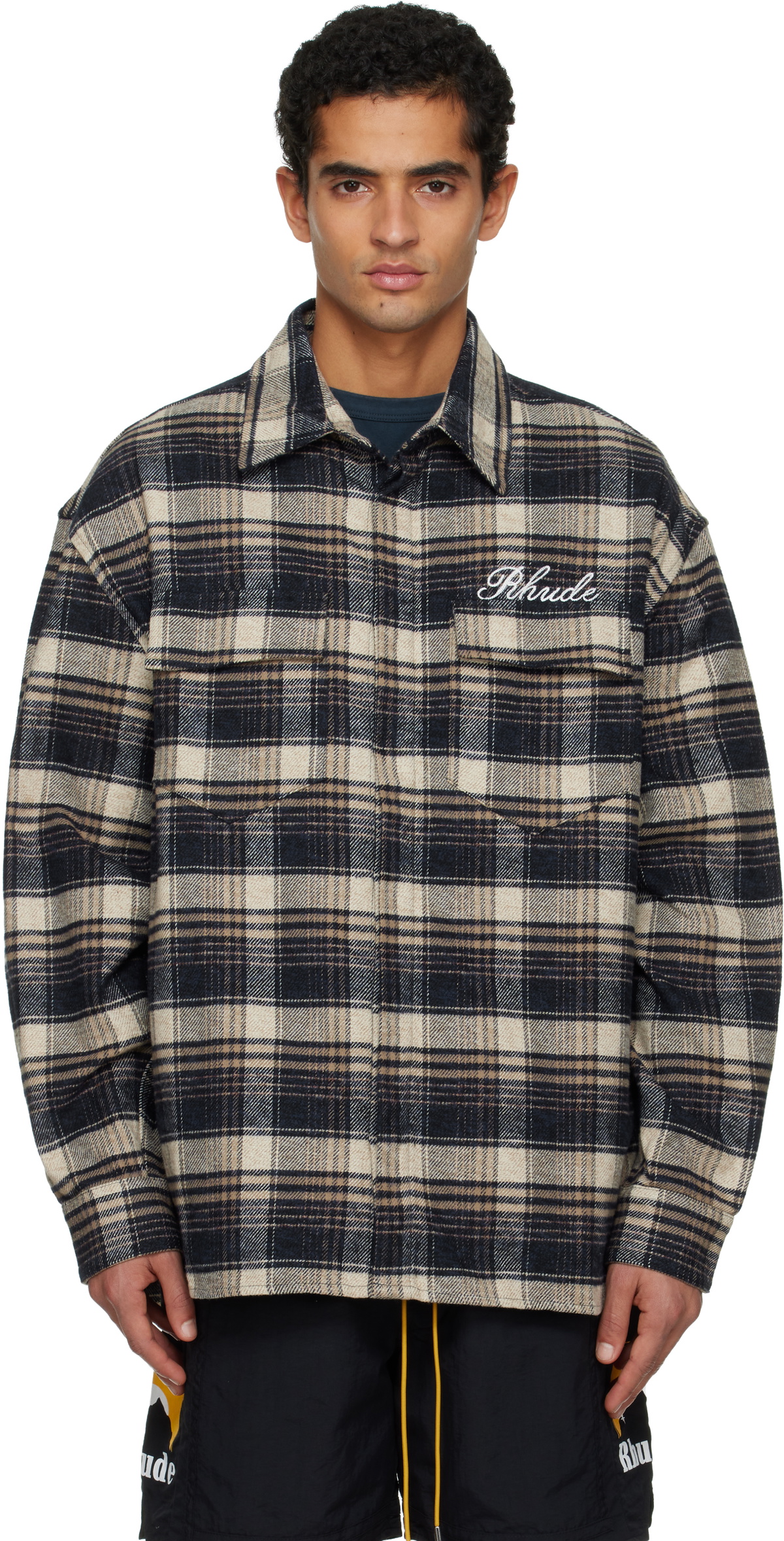 Rhude Navy & Beige 'Rhude' Script Flannel Shirt