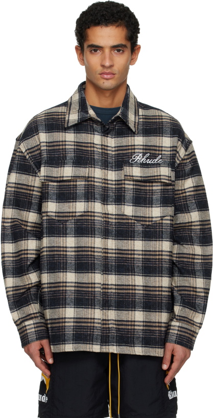 Photo: Rhude Navy & Beige 'Rhude' Script Flannel Shirt
