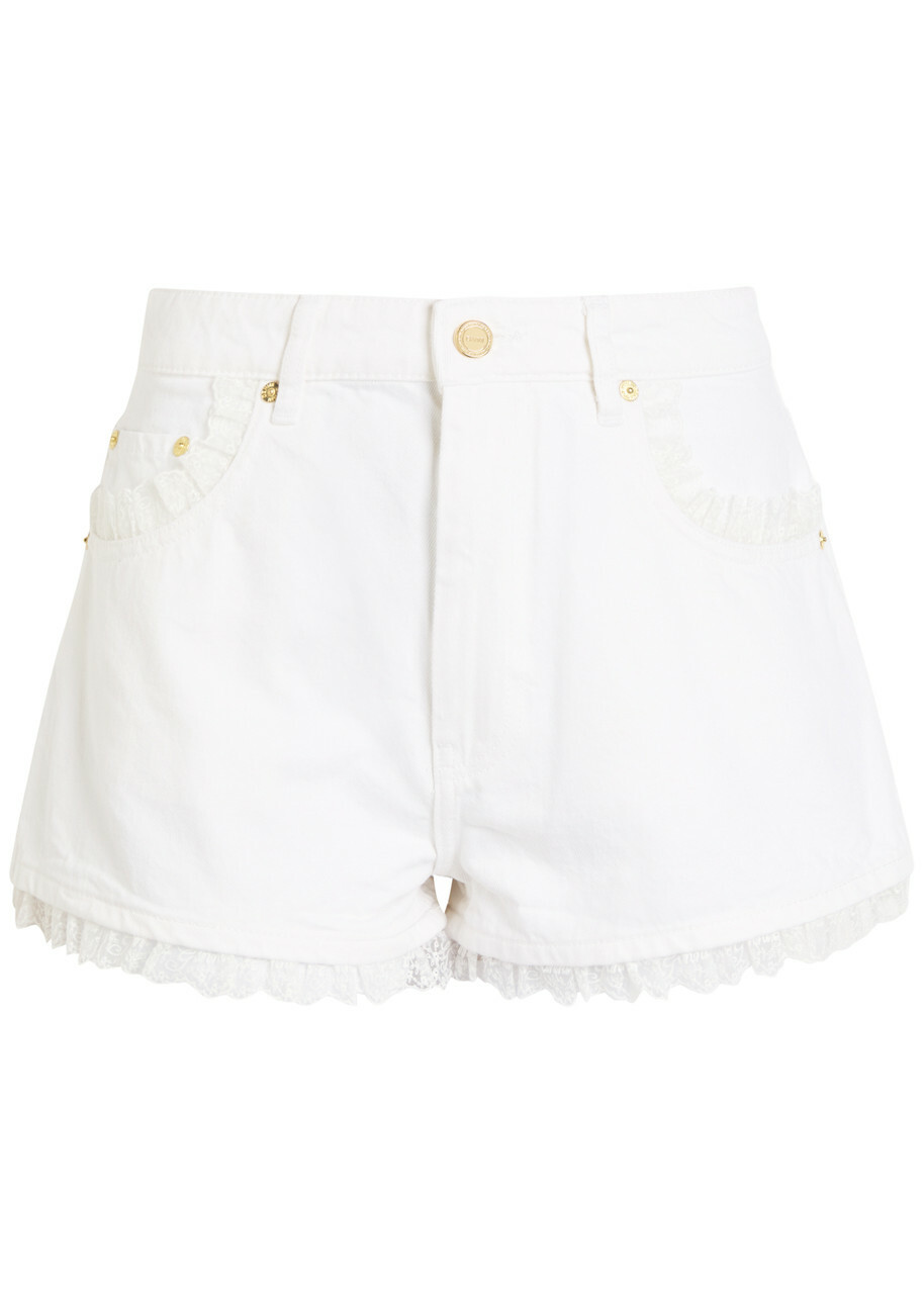 Ganni Lace-trimmed Denim Shorts White