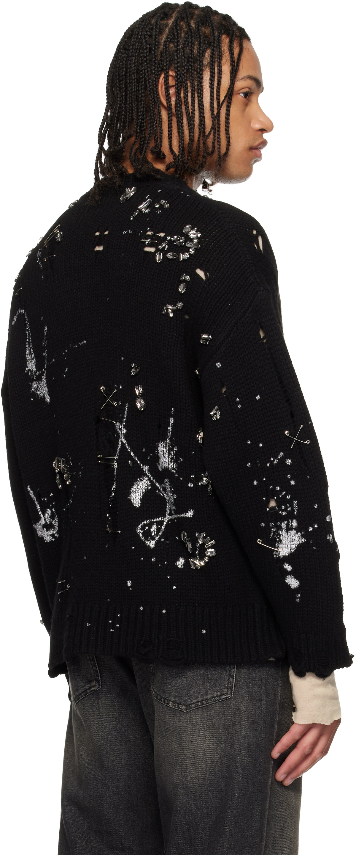 R13 Black Distressed Oversized Crystals & Pins Sweater