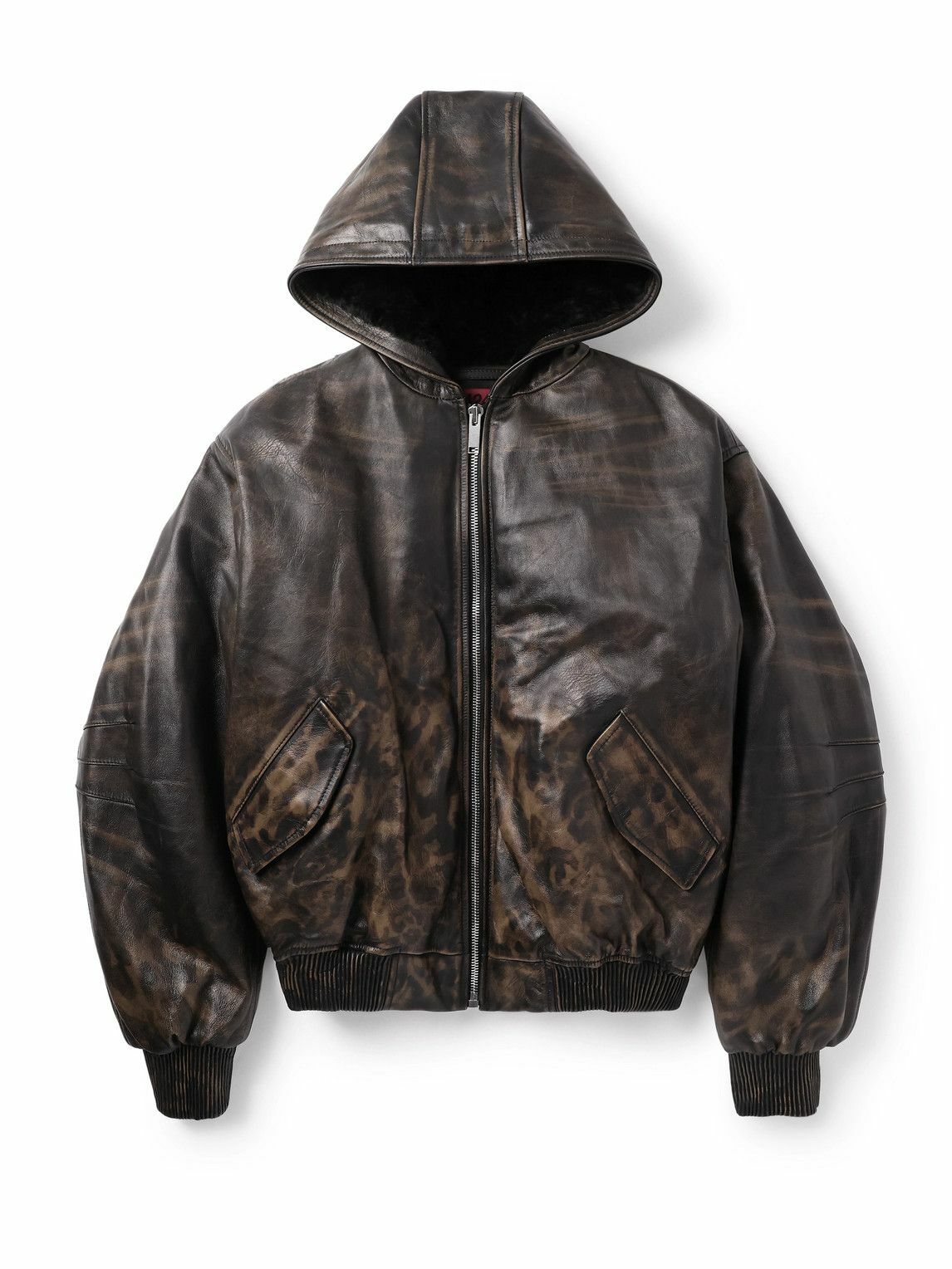 424 - Cropped Leopard-Print Padded Leather Hooded Bomber Jacket - Black