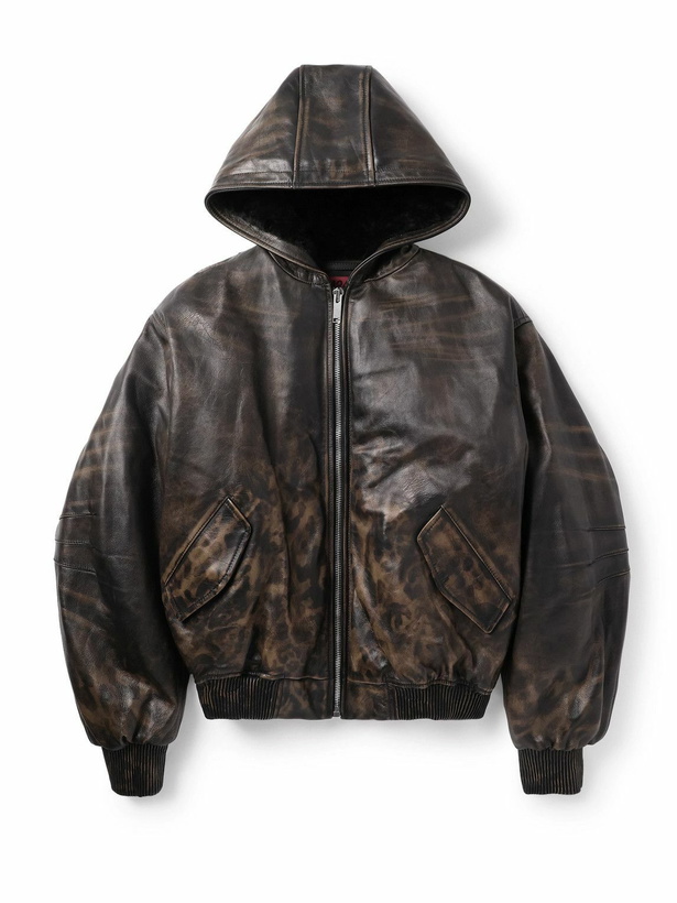 Photo: 424 - Cropped Leopard-Print Padded Leather Hooded Bomber Jacket - Black