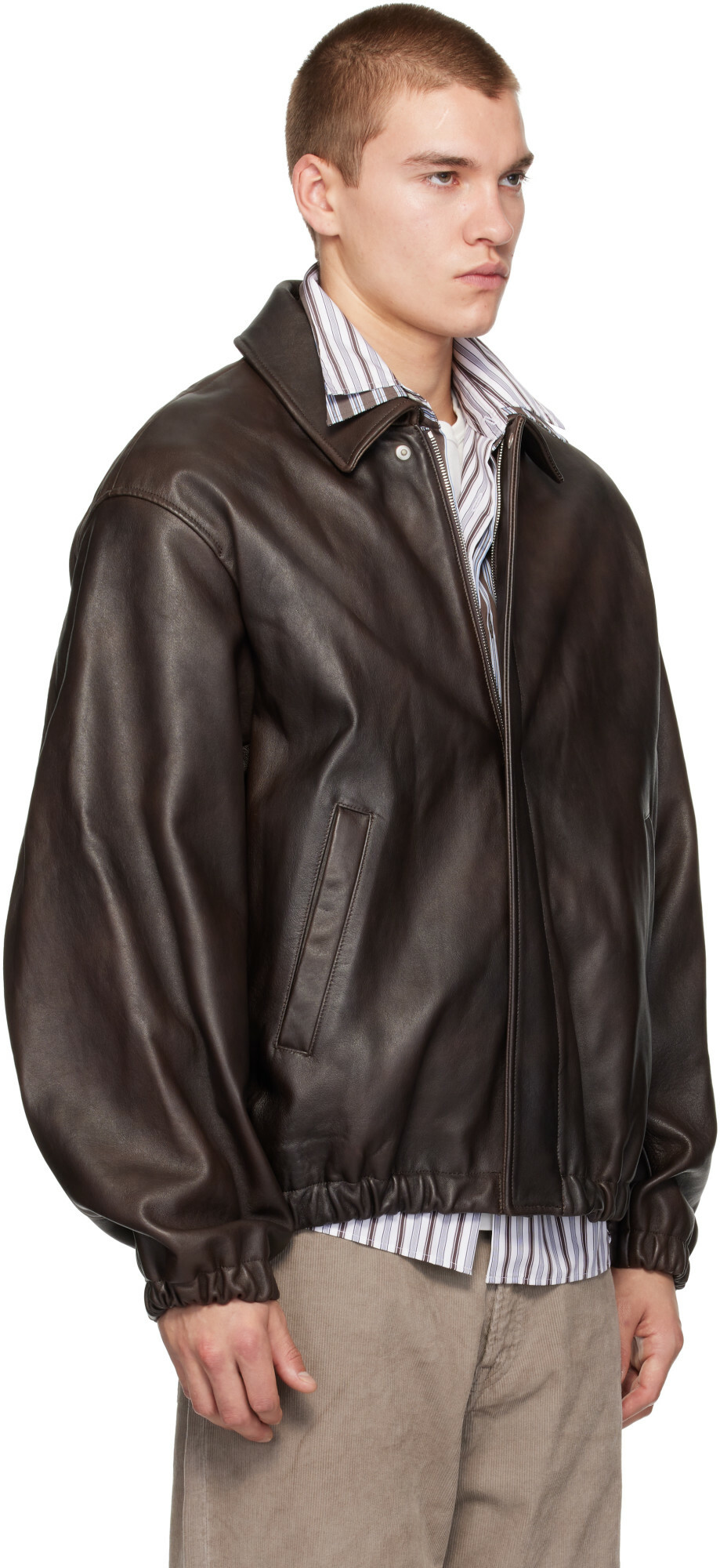 ssstein Brown Sheep Leather Zip Short Jacket