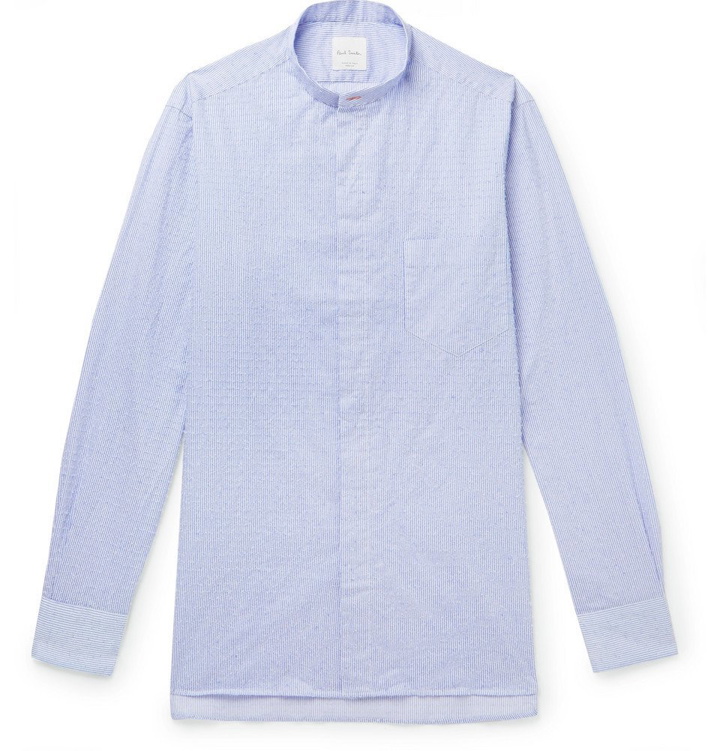 Photo: Paul Smith - Grandad-Collar Striped Textured-Cotton Shirt - Men - Light blue