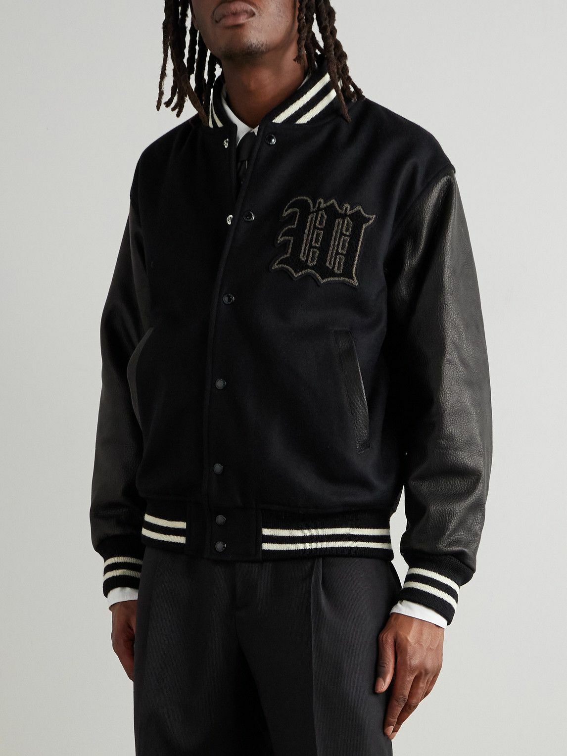 Wacko Maria - Leather-Panelled Striped Appliquéd Wool-Blend Varsity Jacket - Black