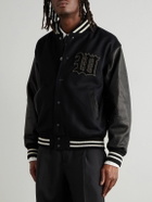 Wacko Maria - Leather-Panelled Striped Appliquéd Wool-Blend Varsity Jacket - Black