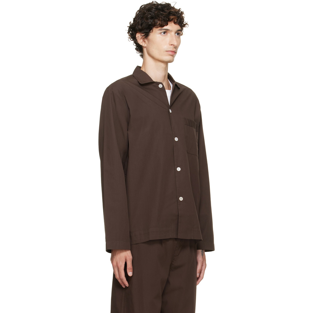 Tekla Brown Poplin Long-Sleeved Pyjama Shirt