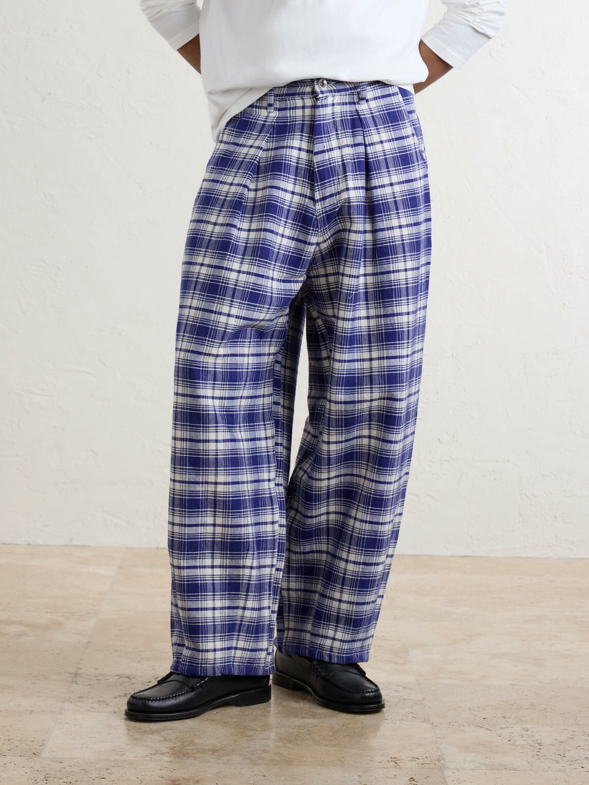 Story mfg. - Lush Wide-Leg Checked Organic Cotton Trousers - Blue