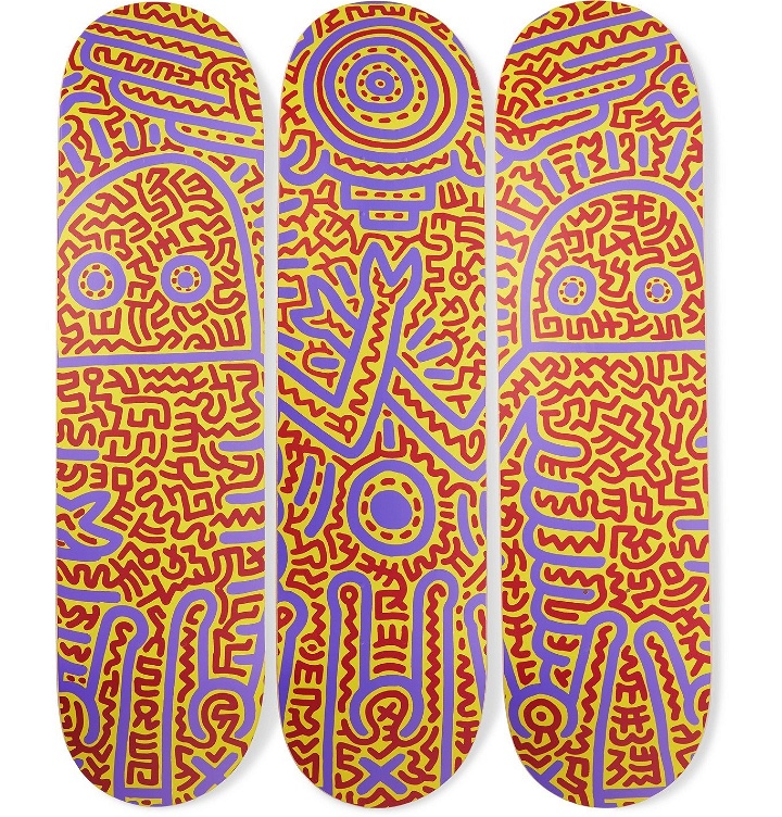 Photo: THE SKATEROOM - Keith Haring Set of Three Printed Wooden Skateboards - Multi