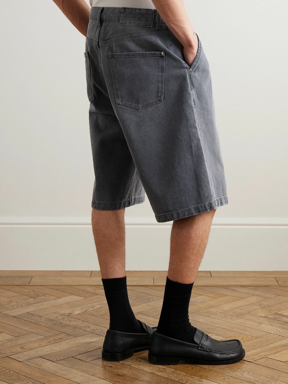 mfpen - Star Rivet Wide-Leg Pleated Organic Denim Shorts - Gray
