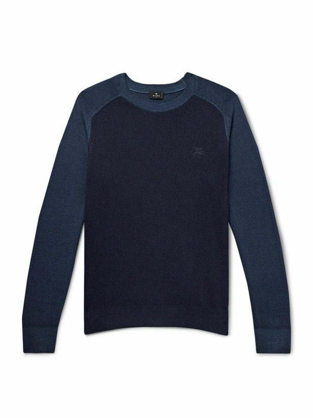 Photo: Etro - Logo-Embroidered Two-Tone Wool Sweater - Blue