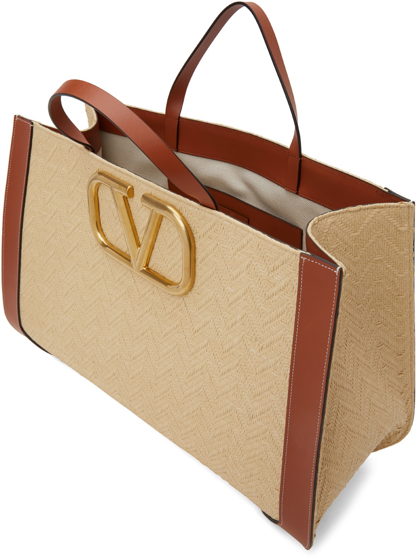 V Logo Signature Leather And Raffia Tote Bag in Beige - Valentino Garavani