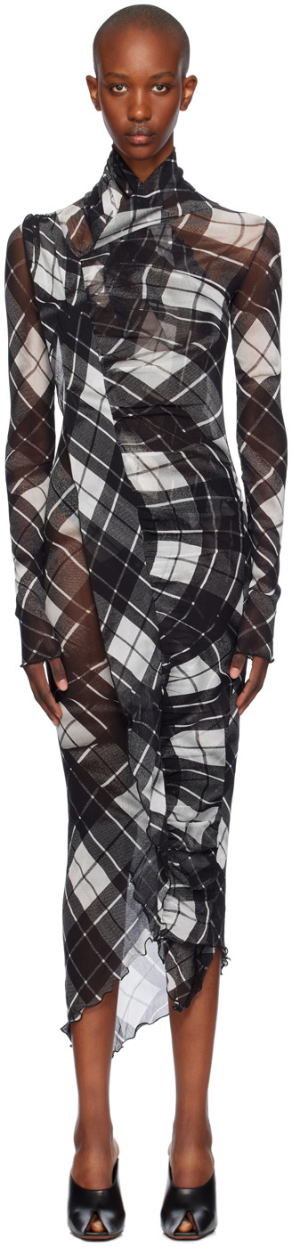 knee length dresses for ladies Black And Gray Plaid Midi Linen dress 3377# – Xiaolizi main image 0
