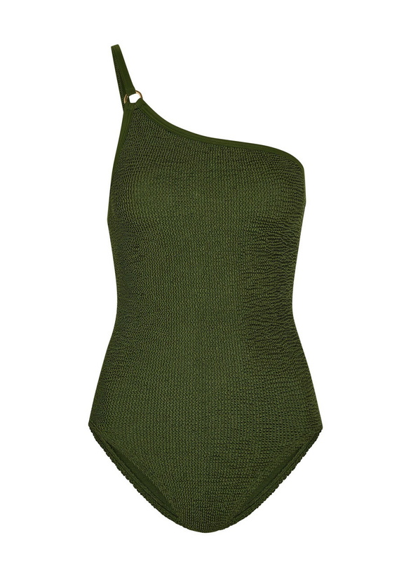 Photo: Hunza G Clara One-shoulder Crinkle Swimsuit - Khaki - One Size