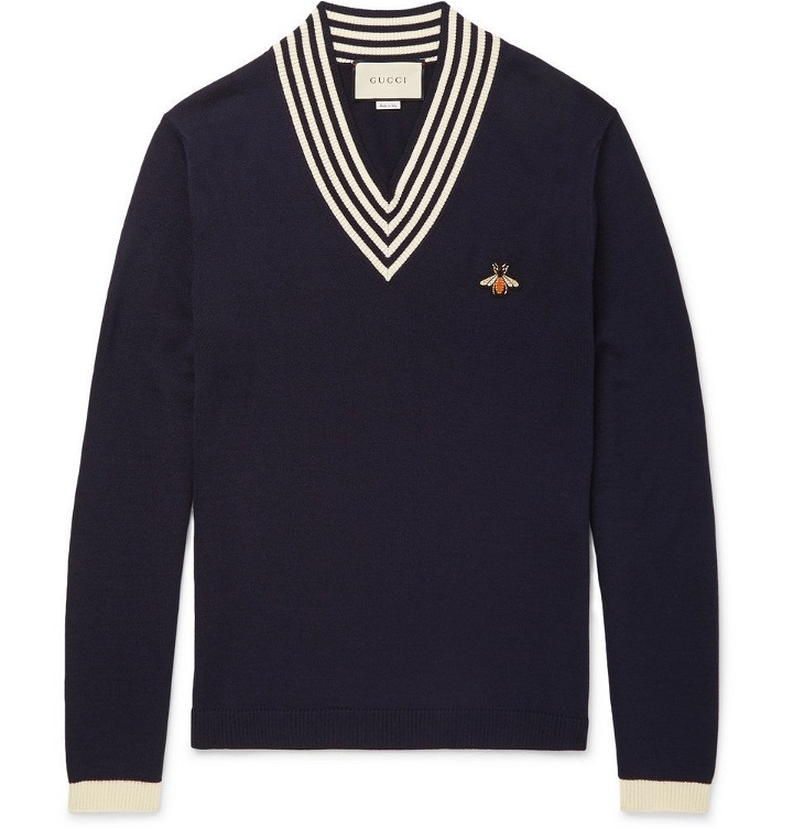 Photo: Gucci - Striped Appliquéd Wool Sweater - Men - Navy
