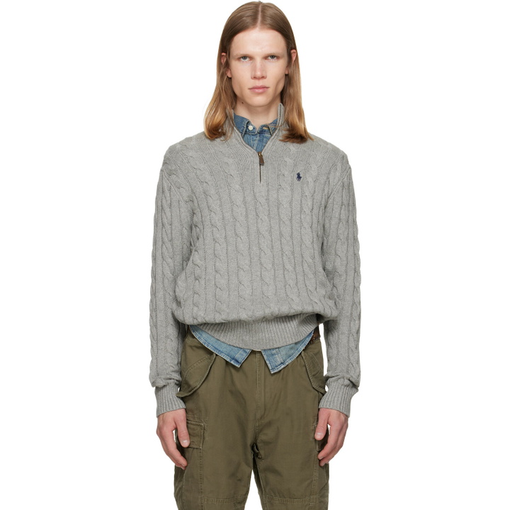 Photo: Polo Ralph Lauren Gray Cable-Knit Cotton Quarter-Zip Sweater