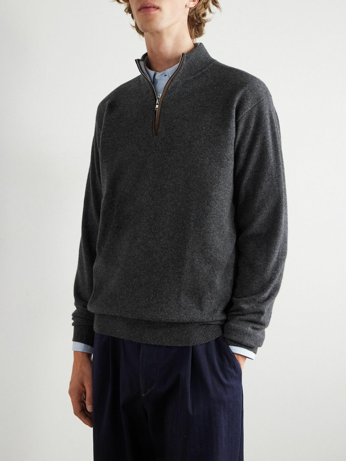 Peter Millar - Suede-Trimmed Cashmere Flex Half-Zip Sweater - Gray