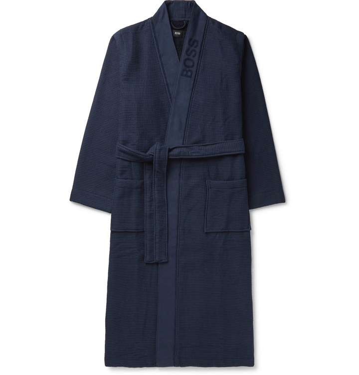 Photo: Hugo Boss - Logo-Jacquard Waffle-Knit Loopback Cotton Robe - Blue