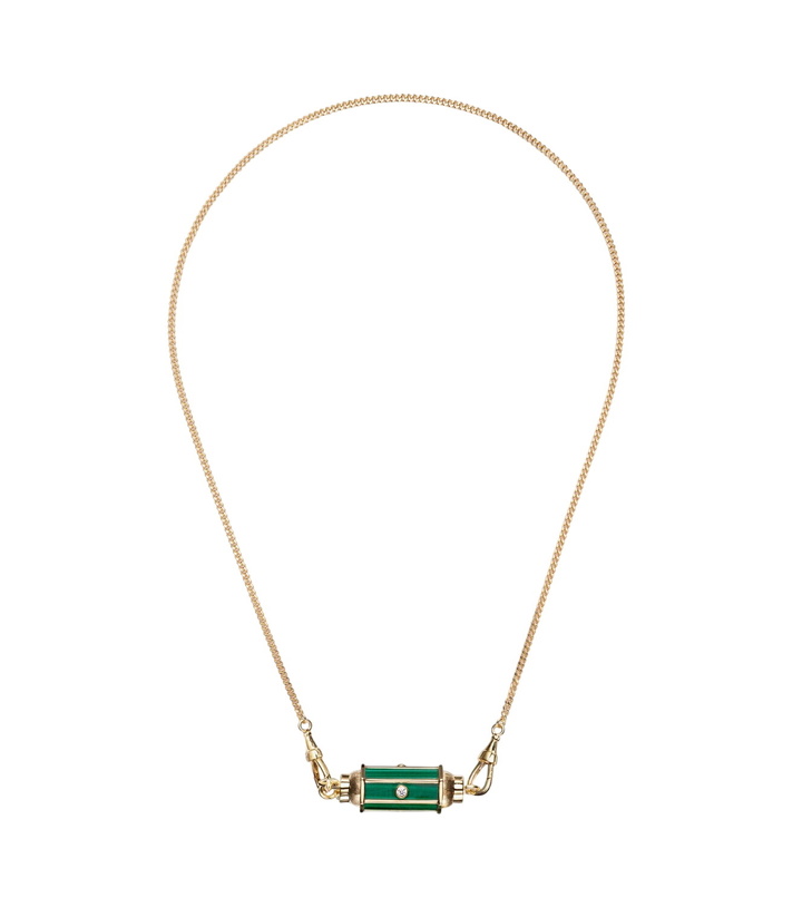 Photo: Marie Lichtenberg Baby Locket 18kt gold pendant necklace with malachite and diamonds