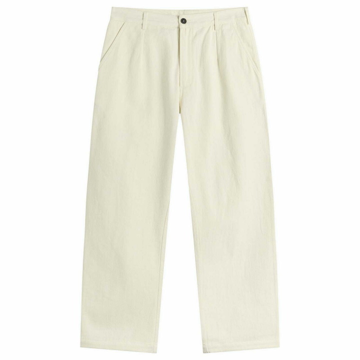 Photo: Universal Works Men's Slub Drill Dizzy Trousers in Ecru
