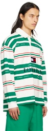 Tommy Jeans Green & White Striped Rugby Long Sleeve Polo