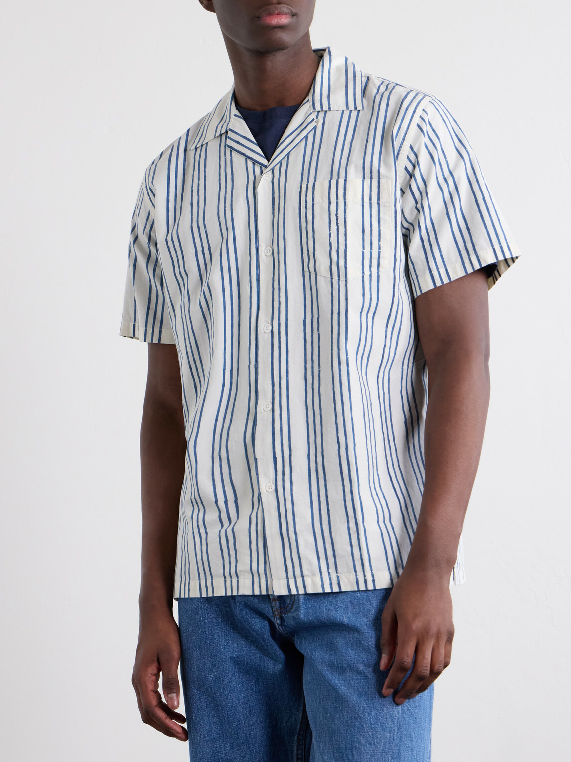 Drake's - Camp-Collar Striped Cotton-Poplin Shirt - Blue