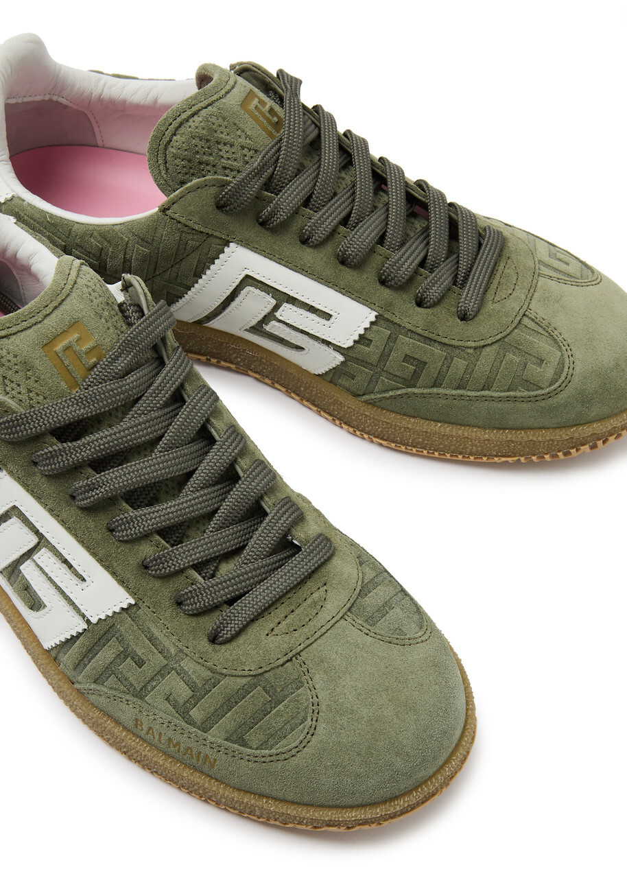 Balmain Swan Monogrammed Suede Sneakers Khaki Balmain