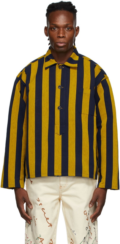 Photo: Bode Navy & Yellow Champlain Stripe Pullover